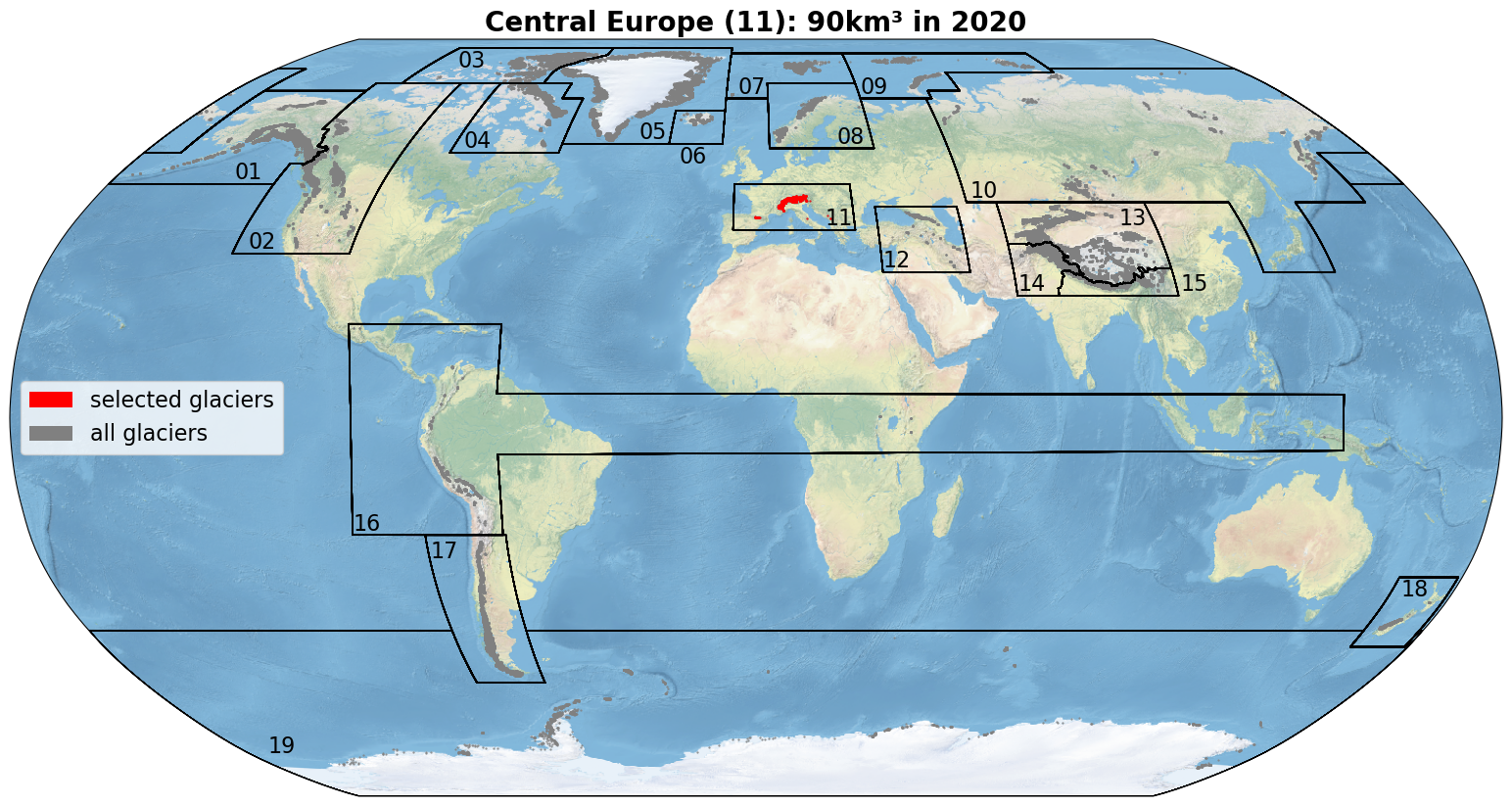 Map of selected glaciers