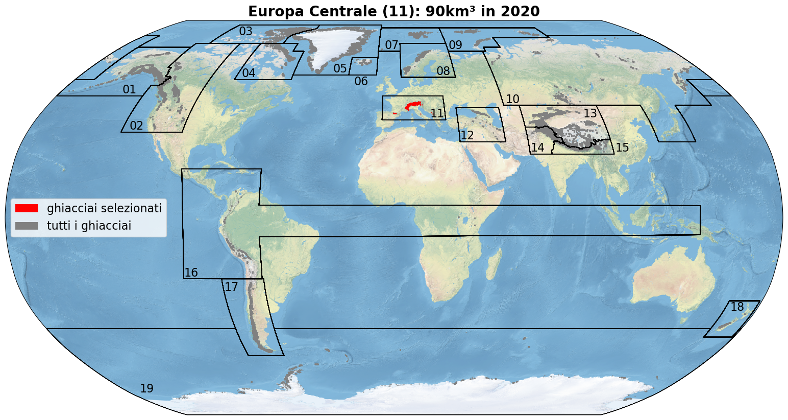 Mappa dei ghiacciai selezionati